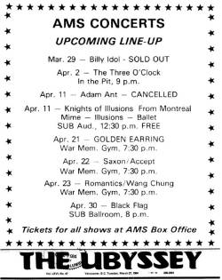 Golden Earring April 21, 1984 Vancouver show announcement The Ubyssey newspaper March 27 1984 issue